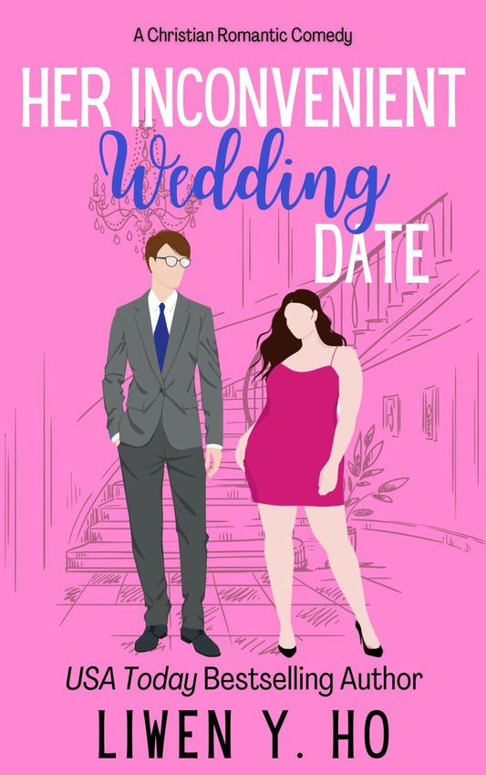 Book cover of 'Her Inconvenient Wedding Date' with a man and woman standing on a staircase.