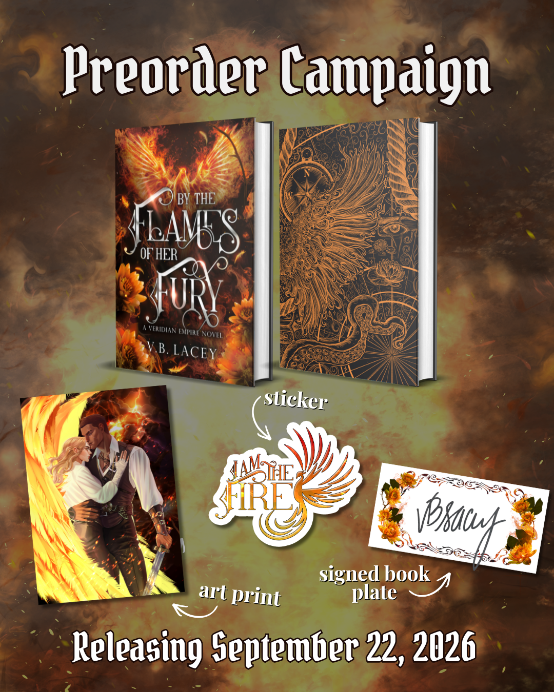 Promotional image for a preorder campaign with books, art print, sticker, and signed book plate on a dark background.